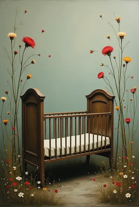 Paint an empty cradle surrounded by wilting flowers. This symbolizes lost potential and the fragility of life