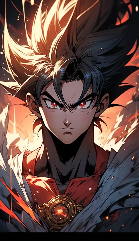 Beautiful, well-composed artworkA proud epic character and a beautiful, realistic scene behind the scenes. Get ready for a visual feast with the handsome 20 year old God Goku with symmetrical red eyes, a handsome face, simple detailed dark blue clothes, a ...