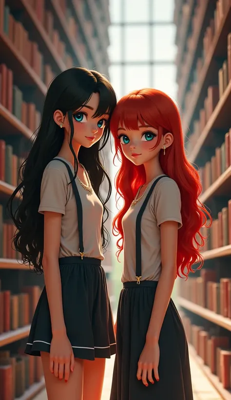 Two young women in the image. The first one has long, wavy black hair and blue eyes; the second model has a thin face, green eyes, and long, wavy red hair. They are wearing cute outfits. They are exploring a majestic library. Realistic and lifelike,  full ...