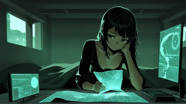 score_9, score_8_up, deteriorated underground bunker, grey walls, with dark green bed, third person view, opening map of city in tech holographic device, Portuguese female,20 years old, small breasts,grey eyess, in the dark, black hair, high contrast, dept...