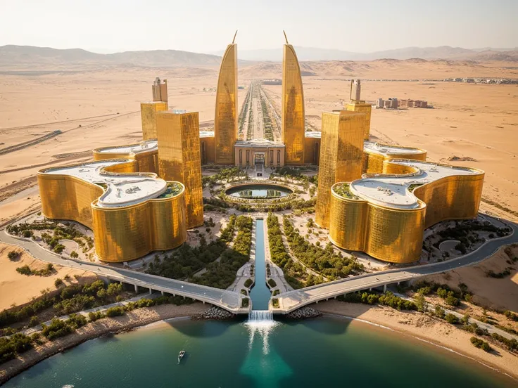 masterpiece, best quality, huge city of the future, ideal rectangular-oval buildings of the big city of the future made of golden glass in the desert, top view, river with a waterfall in the middle, sea embankment