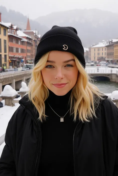 Milly Alcock, blonde hair,black beanie, black winter jacket, turtleneck sweater, small smile, in the  city of Como 