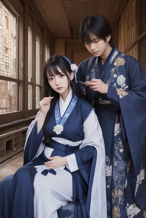 Pregnant girl and her husband dressed in dark blue Hanfu