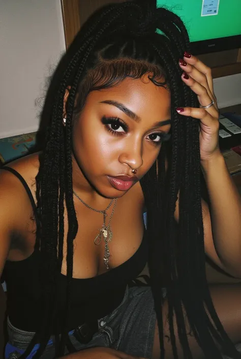 a picture of a 2000s slim thic pretty black girl from Atlanta black baddie girl with a video aesthetic with a nice define chiseled jawline with almond slanted shape eyes and she is taking a digital 2000s selfie at home and has long braids