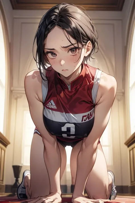  high res,  beautiful woman,  high detail, Obscene, transformation、((( Perfect Anatomy、 is anatomically correct、 very detailed skin)))、 、 just one woman、Sweating、（ volleyball club 、 Volleyball Uniforms、 sleeveless）、( embarrassing、scared)、（ black hair、 shor...