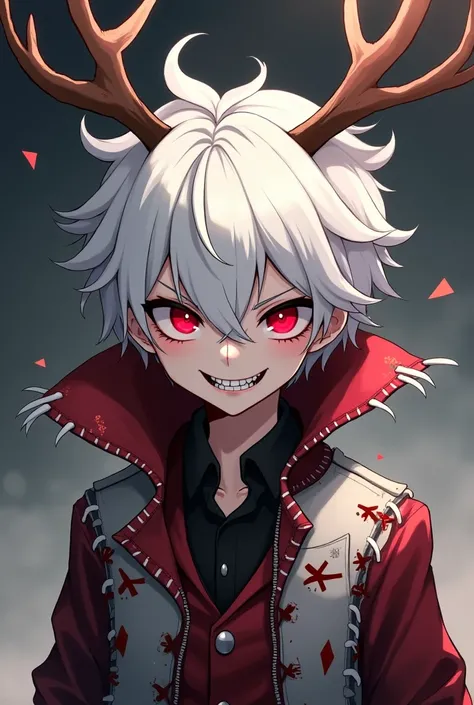 white haired bob fuckass boy with red eyes and evil toothy smile wearing a red striped coat with dark red lapels trimmed in white, which is frayed along the bottom hem with deer antlers, anime