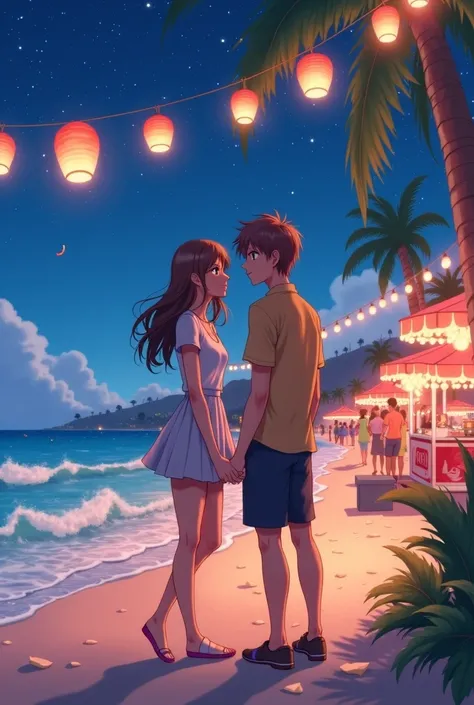 Anime date on the beach on a festive night