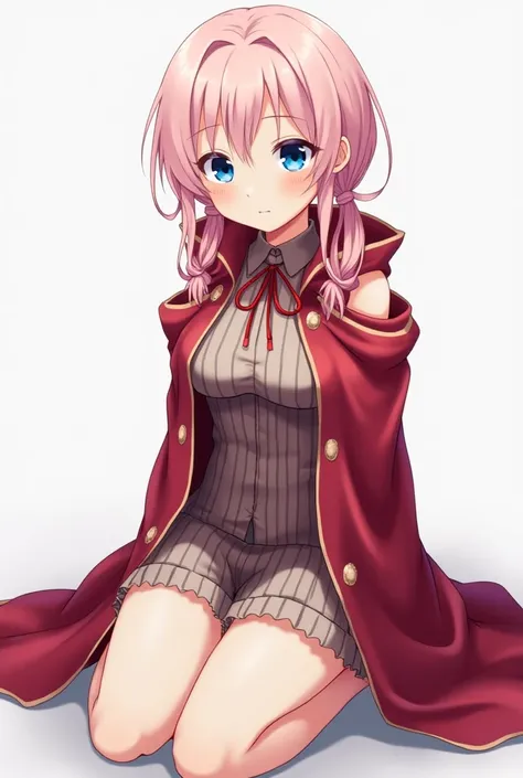 Anime girl with blue eyes and long light pink hair that is usually in messy low pigtails Shes wearing something like a butler would wear or something, except the coat was red and it was more like a cape, or like a dress but the front was cut off. Big b00bi...