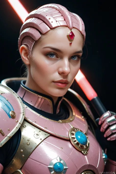  A space warrior wearing pink metallic armor and an energy spear, defending an alien planet from an invasion . Your eyes shine with ancient wisdom."