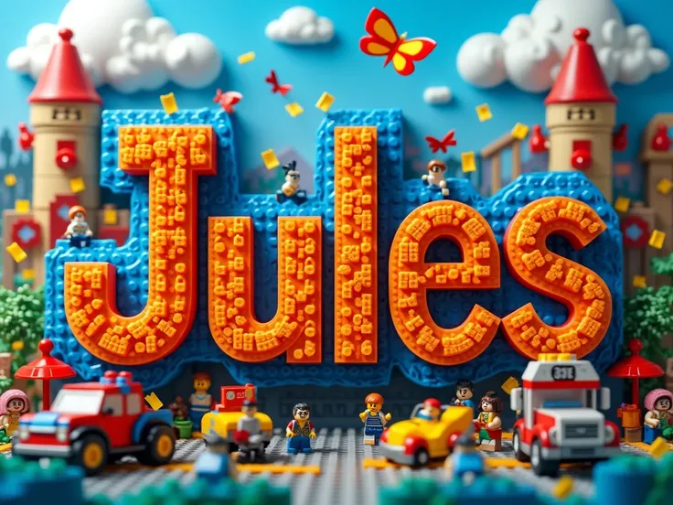 Create a poster extremely detailed with letter-by-letter writing le prénom "JULES" en français. dans un style Disney 4D. LÉCRITURE DOIT ÊTRE BIEN VISIBLE. 
Thème LEGO.