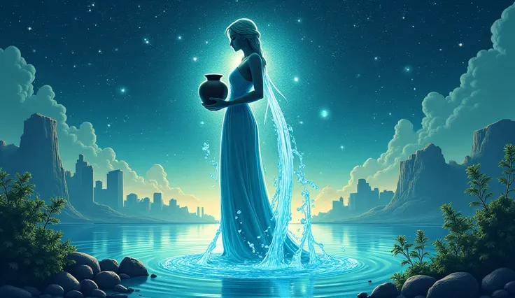 "A mystical illustration of the zodiac sign Aquarius represented as a figure holding a flowing urn of water, symbolizing the flow of ideas and abundance. The background is a futuristic cityscape illuminated by soft turquoise hues, suggesting prosperity and...