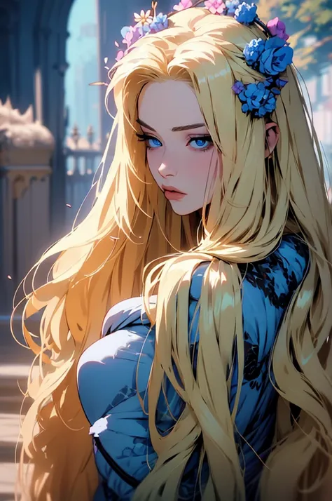 hyper-realistic  of a mysterious woman with flowing blonde hair, piercing blue eyes, and a delicate floral crown, backwards, looking back, upper body