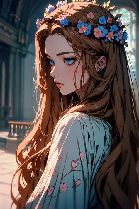 hyper-realistic  of a mysterious woman with flowing brown hair, piercing blue eyes, and a delicate floral crown, backwards, looking back, upper body