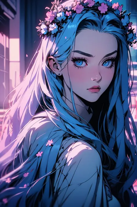 hyper-realistic  of a mysterious woman with flowing browser hair, piercing blue eyes, and a delicate floral crown, backwards, looking back, upper body