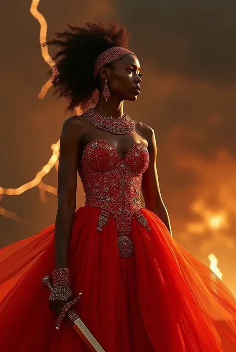 strong and delicate brown woman, but with a warrior power, in a breath taking red dress that remind fire with colors and sparkle, she has a copper sword and and luxury ornament in her head, shes iansã, the african god, strong, sweet, she controls thunders ...