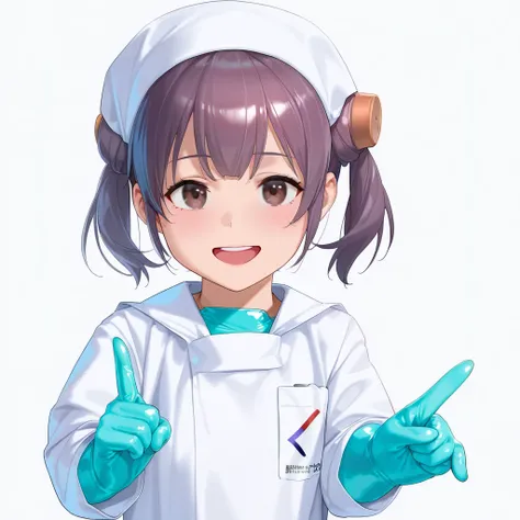  1 girl, ((light purple gloves)), (( surgical gloves)), (( latex gloves )), the rest of the clothing is not made of latex, (([doctor outfit)),  viewers, (([doctor)), (( Long Sleeve )),  is standing, Alone