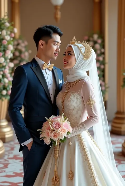 a muslim hijabi bride in full transparent sleeve white ball-gown with golden detailing and white veil with pearl work. She will be wearing a cape covering her chest, small gold crown and long gold neckpiece. Her husband will be in dark navy blue suit. 
 