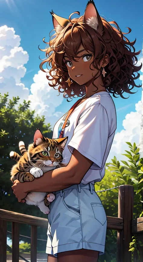 With curly hair and tanned skin with cat eears and high sky