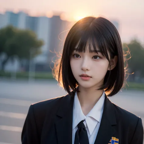 student, A girl, (  black uniform  ),   sunset  , professional photography,  Short black bob hair with bangs ,  completely straight hair ,  movie photo,   detailed face,   beautiful Asian girl  , Sunlight illuminating hair  ,  Hair gets tangled in strong w...