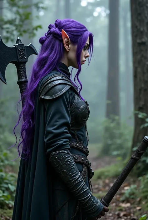  A dark elf warrior ,  with pointed ears and purple hair ,  emerges from the shadows of an enchanted forest . Your axe, made of black obsidian ,  shines with a sinister light as she prepares to face a dragon.