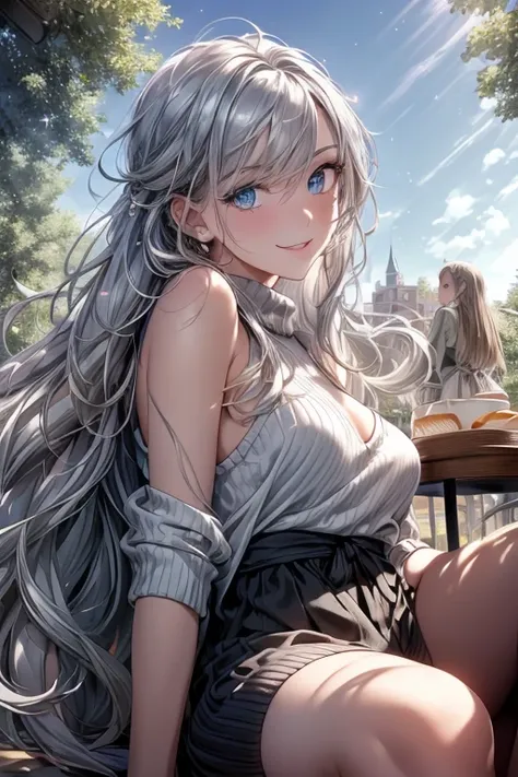 (from below:1.2),((1girl, silver hair, long hair, qutel blue eyes, beautiful eyes, pretty smile:1.5, ), ray tracing, vibrant colors, girl, masterpiece, sharp focus, best quality, depth of field, cinematic lighting, detailed outfit, 4k, perfect eyes, rich i...