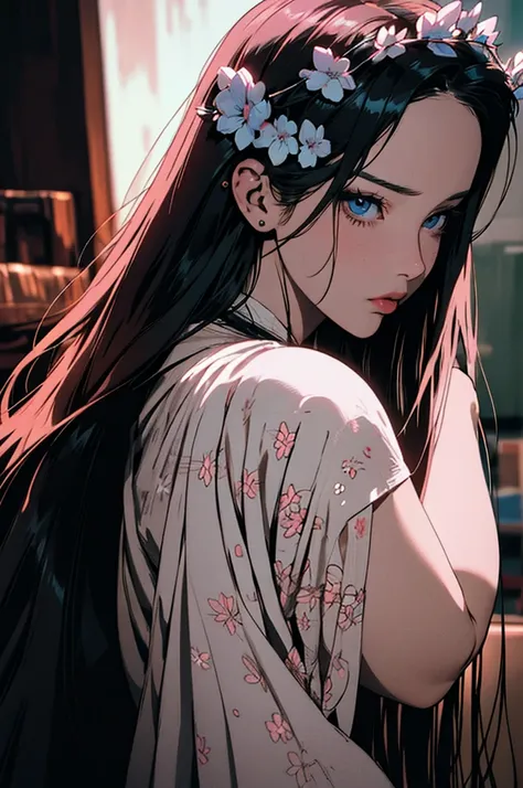 hyper-realistic  of a mysterious woman with flowing browser hair, piercing blue eyes, and a delicate floral crown, backwards, looking back, upper body