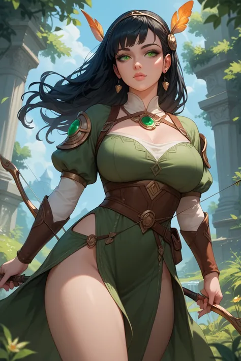 Goddess Artemis.  big breasts ,  dressed in a tunic, slender green eyes . long black hair. With his bow and arrow
