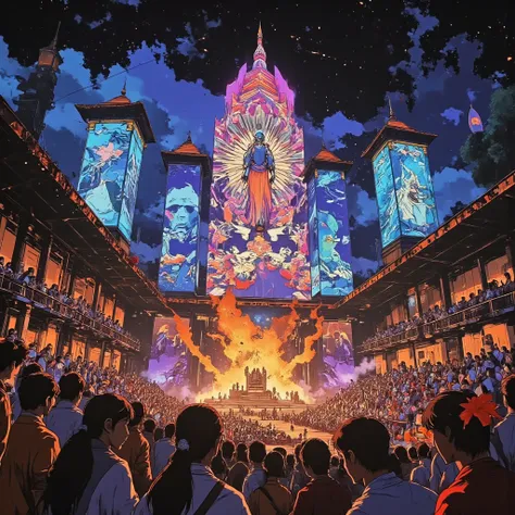 "A grand amphitheater filled with people from all walks of life, dressed in traditional and modern attire, celebrating a global festival. Holographic art and performances blend cultural elements, symbolizing the unity and creativity of humanity."