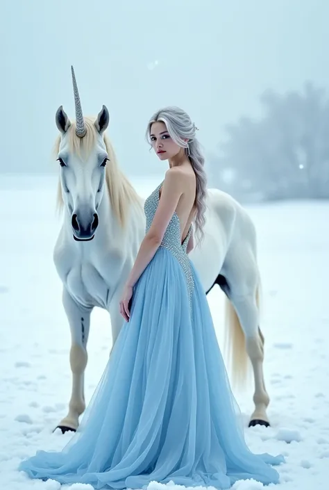 Sexy silver haired woman, wearing an ice blue gown, standing in a snow covered field. With a unicorn 