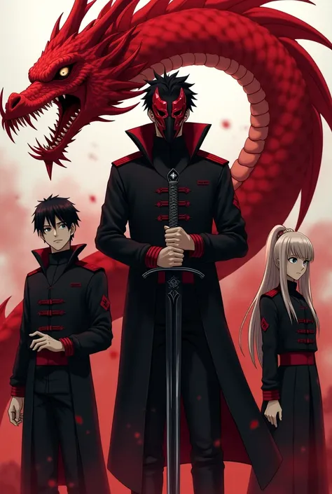 i want do a request ai image to make me 8 members mens and 2 members girls with same uniforme with a red  dragon on it and a title dragons of palestine the blood is drpping from it and the men in middel is leader with black sword with mask dragon and unifo...