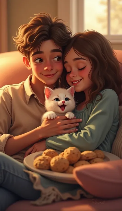 Heres a detailed prompt for generating an image based on your description:

"A cozy scene featuring a small, fluffy kitten snuggled comfortably between two people, Max and Luna. The kitten is purring happily, its eyes half-closed in contentment. Max and Lu...