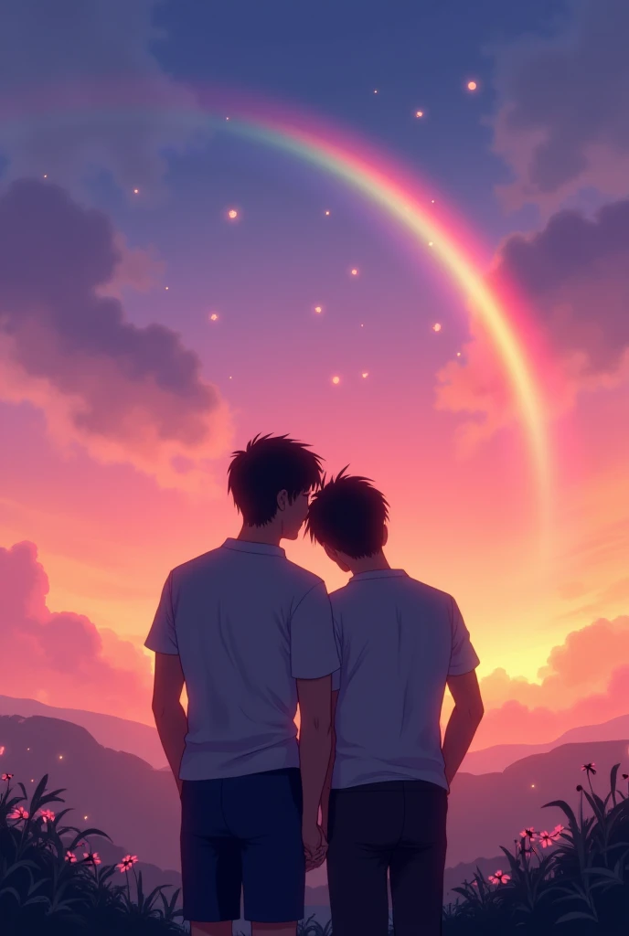 Referencing a photo of two asian men from behind staring at the twilight sky with a rainbow of one of the men sliding his head over the other mans shoulder