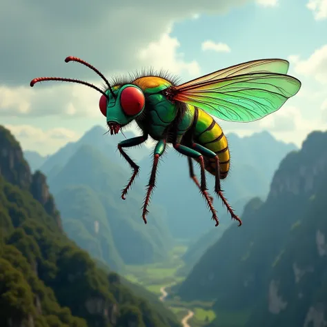 “Imagine un insecte volant mutante aux couleurs éclatantes de vert et de rouge, avec des yeux rouges perçants. Elle vole gracieusement à travers un paysage montagneux, où des crêtes escarpées se dressent sous un ciel orageux. La guêpe semble émettre une lu...