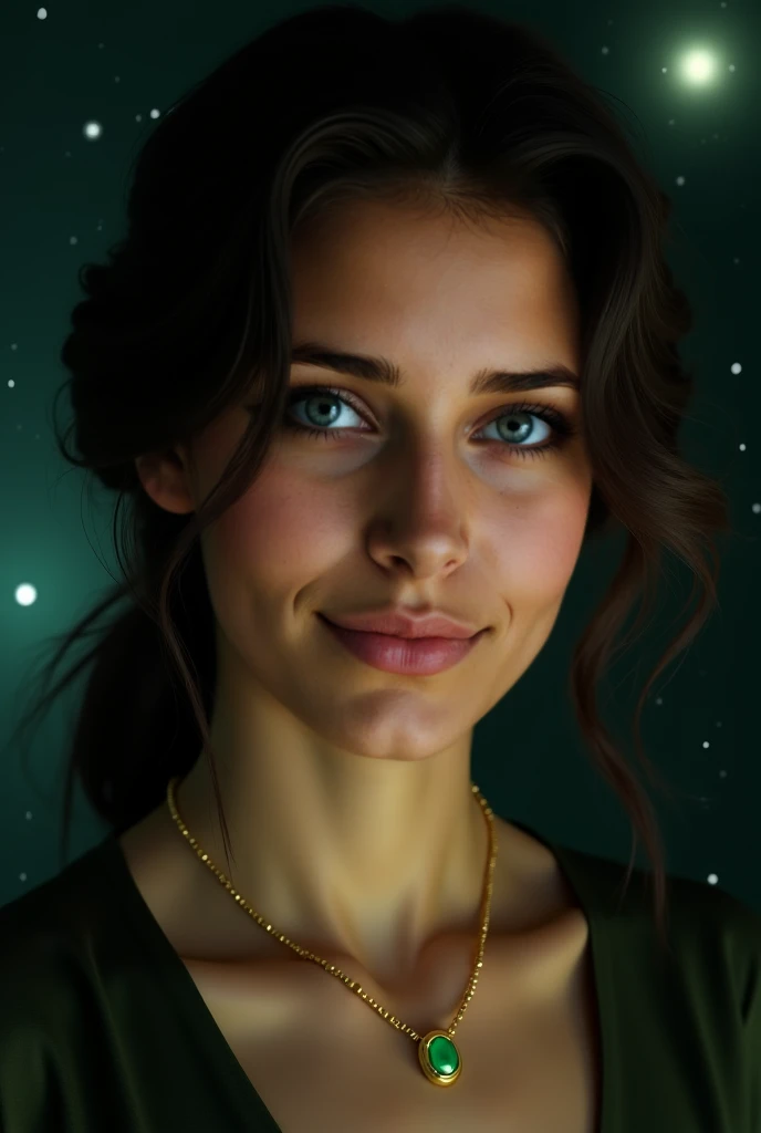 photorealistic, portrait. 30 year old dark hair woman, green eyes, looking directly at a viewer, smiling gently. Wearing subtle golden neckles with glowing green stone. Dark background with stars and nebulas. best quality masterpiece, photorealistic, detai...