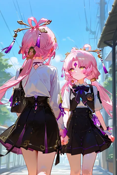 fu xuan(honkai star rail), pink hair, day time, walking side by side with me, holding my hand, blushing slightly