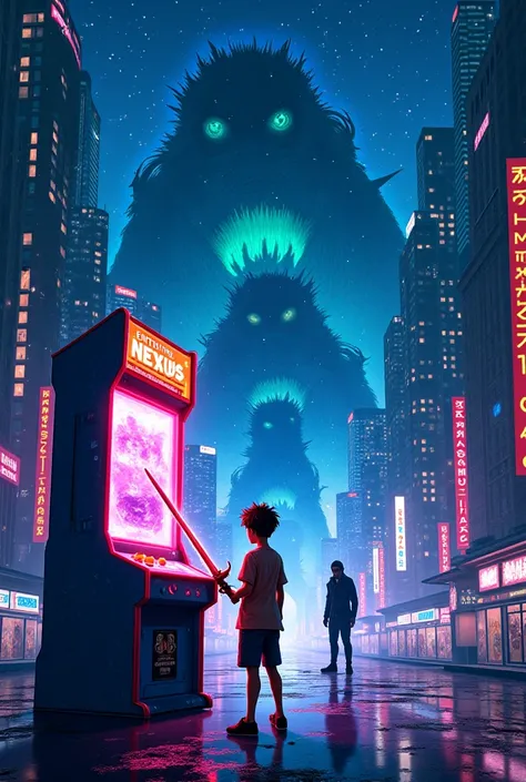 A futuristic cityscape under a starry sky with neon-lit skyscrapers and glowing streets. In the foreground, a glowing arcade machine with the sign Enter the Nexus flickers with a digital glitch effect. A 16-year-old boy, Haruto, stands in front of the mach...