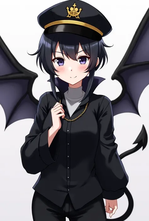 anime,  female,  black hair tied large ,  black shirt with wide black sleeves,with black pants, white eyelashes,  black bat wings with chain , earpiece around the gray neck ,with a black tail , with a black captains hat  