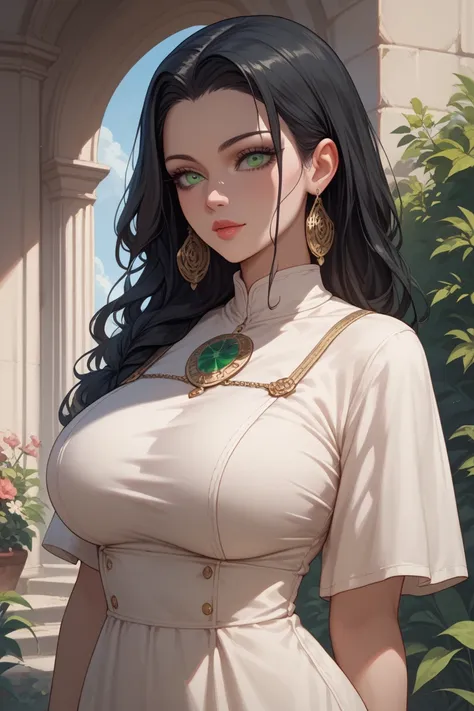 Goddess Persephone.  big breasts ,  dressed in a tunic, slender green eyes . long black hair. 
