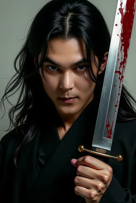 
animation, handsome Asian man with black long hair holds a bloody katana in his hand , Portrait of a character inspired, Beautiful Man of Death, wear black Asian traditional coat