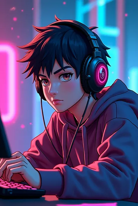 Gamer with headset in anime manga format