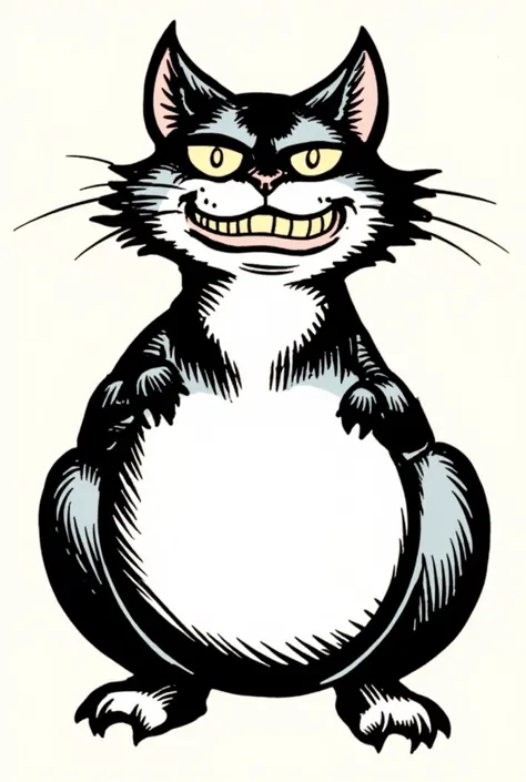 Create a vintage comic book style illustration of a highly stylized, cartoonish black and white cat with an overexaggerated grumpy facial expression. The overall image has thick, black outlines