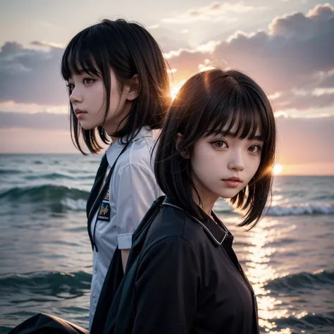 Schoolgirl,one girl, ( black uniform ),  sunset , professional photography, Black hair short bob with bangs, completely straight hair,  movie photo,  detailed face,  beautiful Asian girl , Sunlight illuminating the hair , Hair gets tangled in strong winds,...