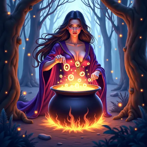 “A stunning and mystical illustration of a beautiful sorceress with long flowing hair and elegant robes, illuminated by a magical glow. She is stirring a large bubbling cauldron over a glowing fire, and within the cauldron, vibrant and radiant numbers and ...