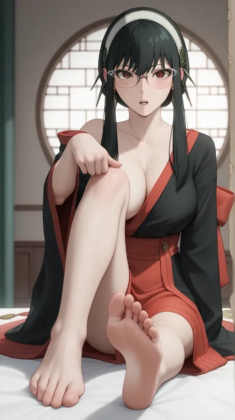 ((((Yoru Forger Seated)))), Foot Enlarged Poses、(((Sitting pose showing the sole of the foot))), , (breasts,  8k, Stunning foot soles, Very detailed,  realistic, ,  beautiful,  animation ,  Sharp Focus,   award , masterpiece,  like a movie , dynamic,  like...