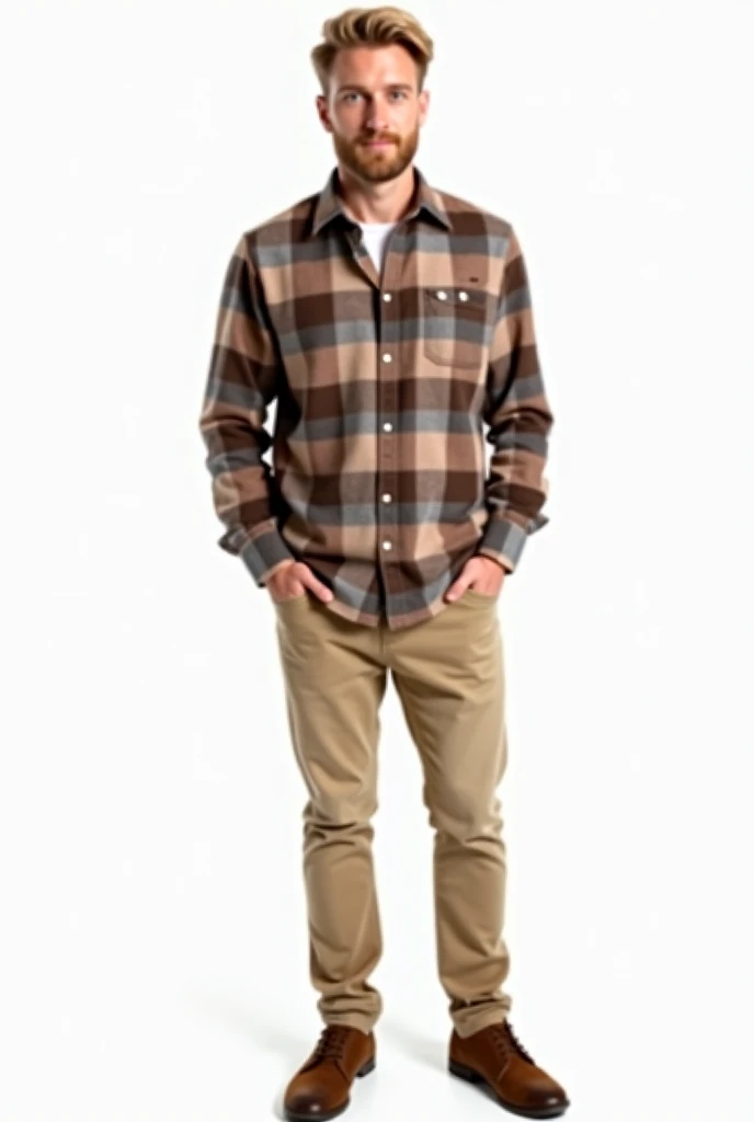 Full photo of a blond man with blond brown hair with blue eyes wearing beige jeans and long sleeve shirt with brown checkered stripes up to the elbows and casual brown shoes standing on a white background 