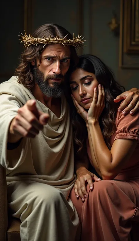  Ultra-realistic image of Jesus ,  sitting on a couch ,  looking directly at the camera with a serious and intense look . He is close to the viewer ,  pointing your index finger forward with your right hand ,  drawing attention with force ,  and your left ...