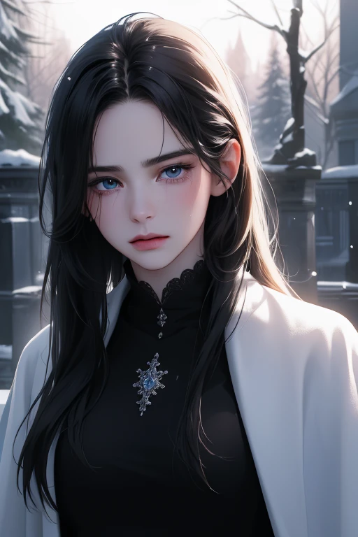 (first person view),(best quality, ((masterpiece)), 8K resolution, cinematic lighting, ultra detailed, Semi-realistic, beautiful detailed eyes),1 Women,crying, (fantasy white coat)), ((night)), 25-year-old,((black long straight hair)), snowfall,blue eyes