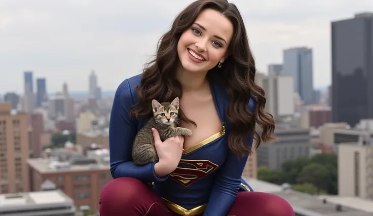 Katherine langford, She is smiling, dressed in a sexy Supergirl , deep v neckline,  big boobs, She is smiling, on a roof of a building squatting in a sensual pose holding a kitten in her arms