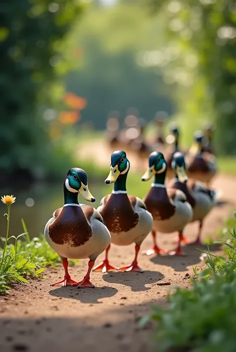 Create a photo where some ducks are walking forward one after the other