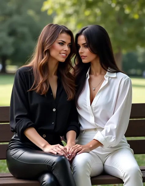  Two fantastically beautiful women ,  the woman with The lighter skin color wears a black blouse and black leather pants {x} the woman with the darker skin color has long black hair with a middle parting which are cut in stages,  the woman with the lighter...